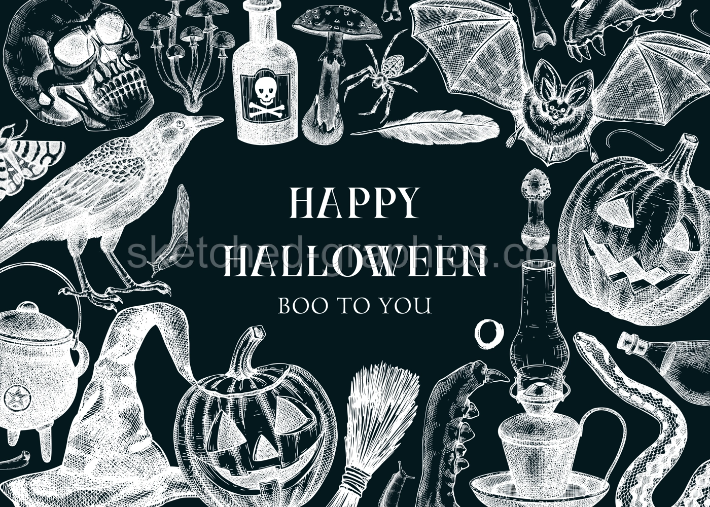 Halloween frame design on chalkboard. Hand drawn vector illustrations. Skull, bones, Halloween pumpkin, poisonous mushrooms, snakes, witch sketches. Halloween party invitation, card template, banner Illustration